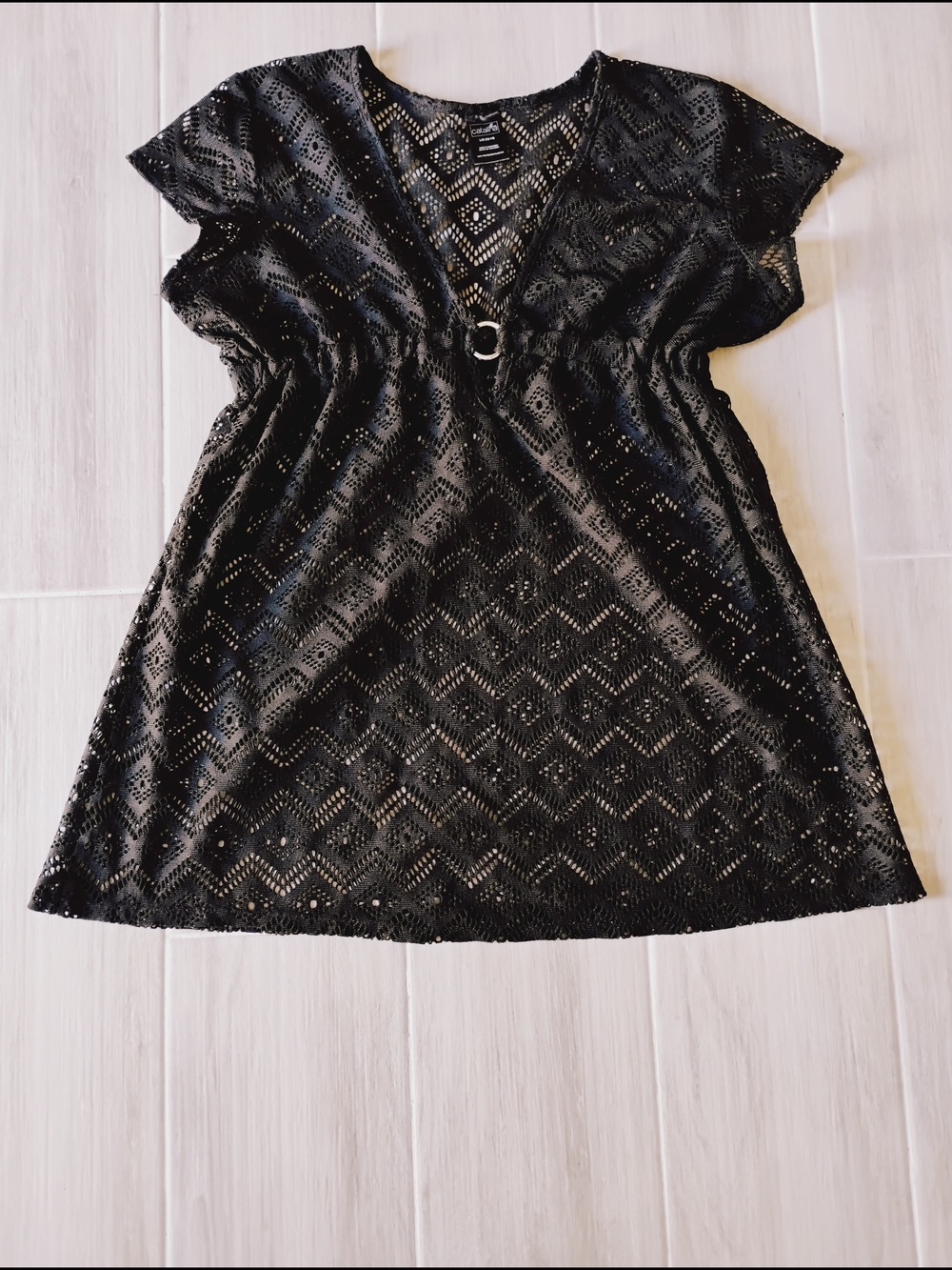 Catalina Black Lace Swim Cover Up Sheer V-Neck Sz L - Picture 2 of 4